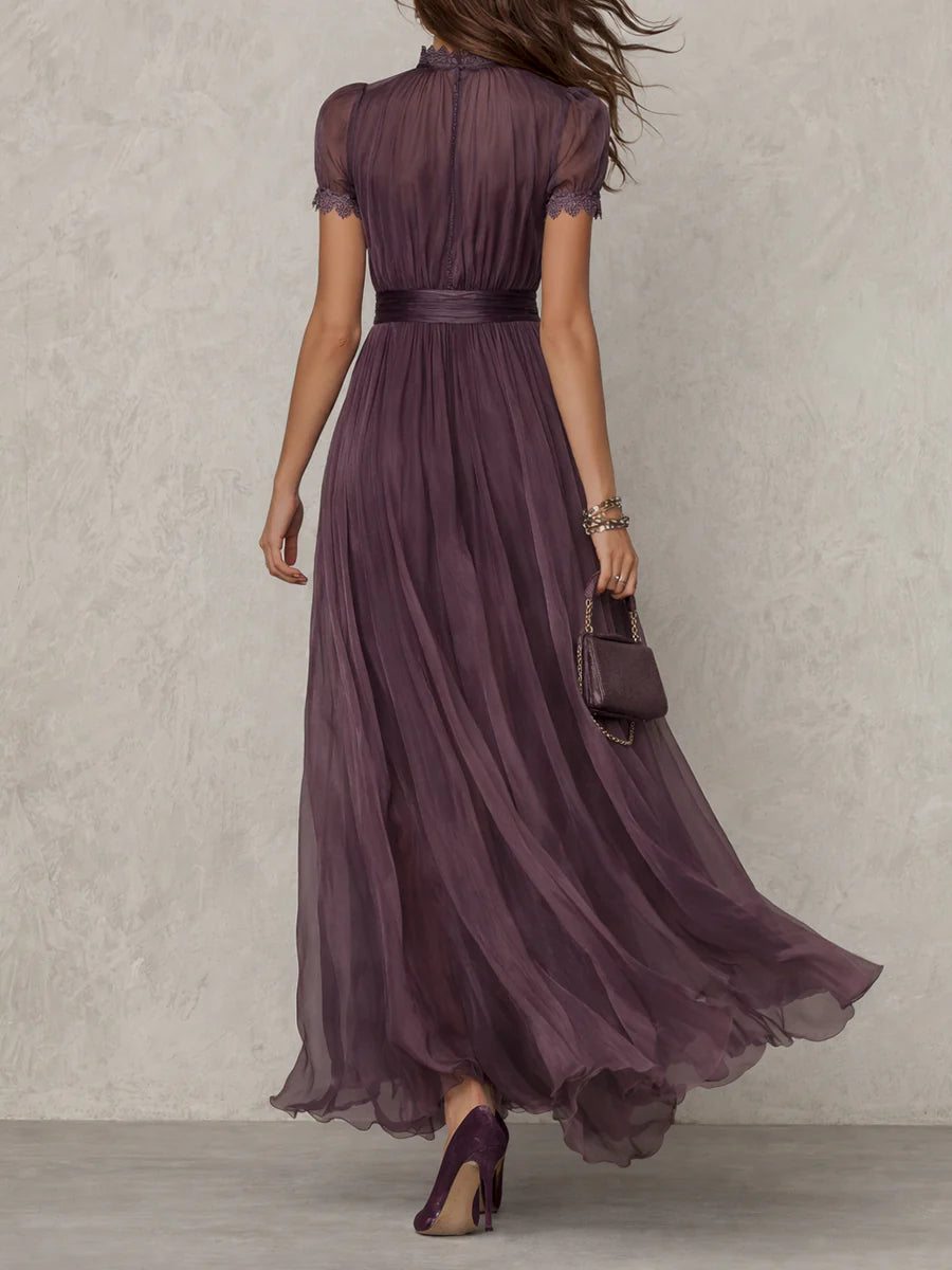 Flavia Essential Long Purple Dress with Keyhole Neckline and Chiffon Lace Trim