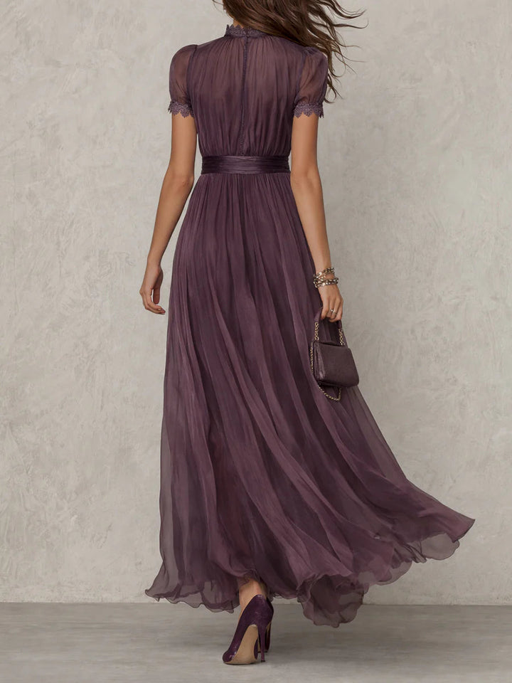 Flavia Essential Long Purple Dress with Keyhole Neckline and Chiffon Lace Trim