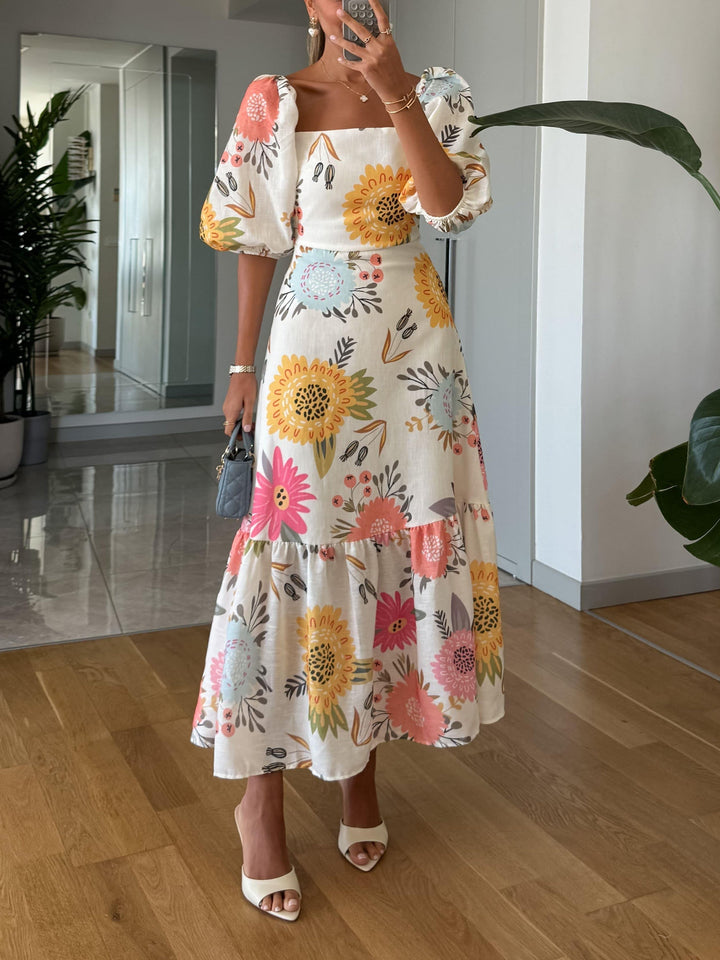 Susan | Romantic Floral Midi With Puff Sleeves