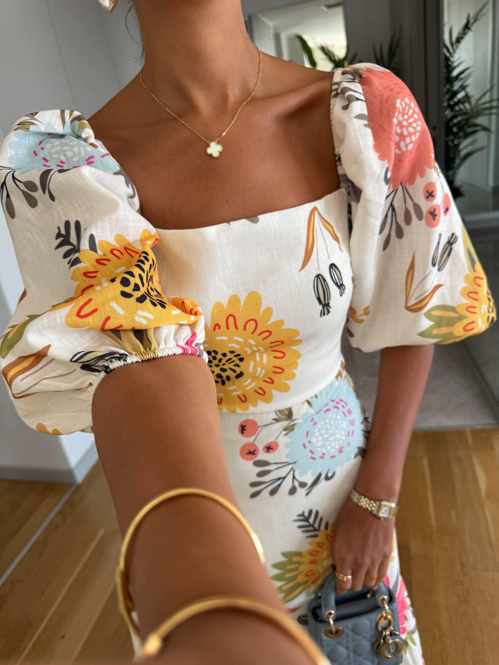 Susan | Romantic Floral Midi With Puff Sleeves