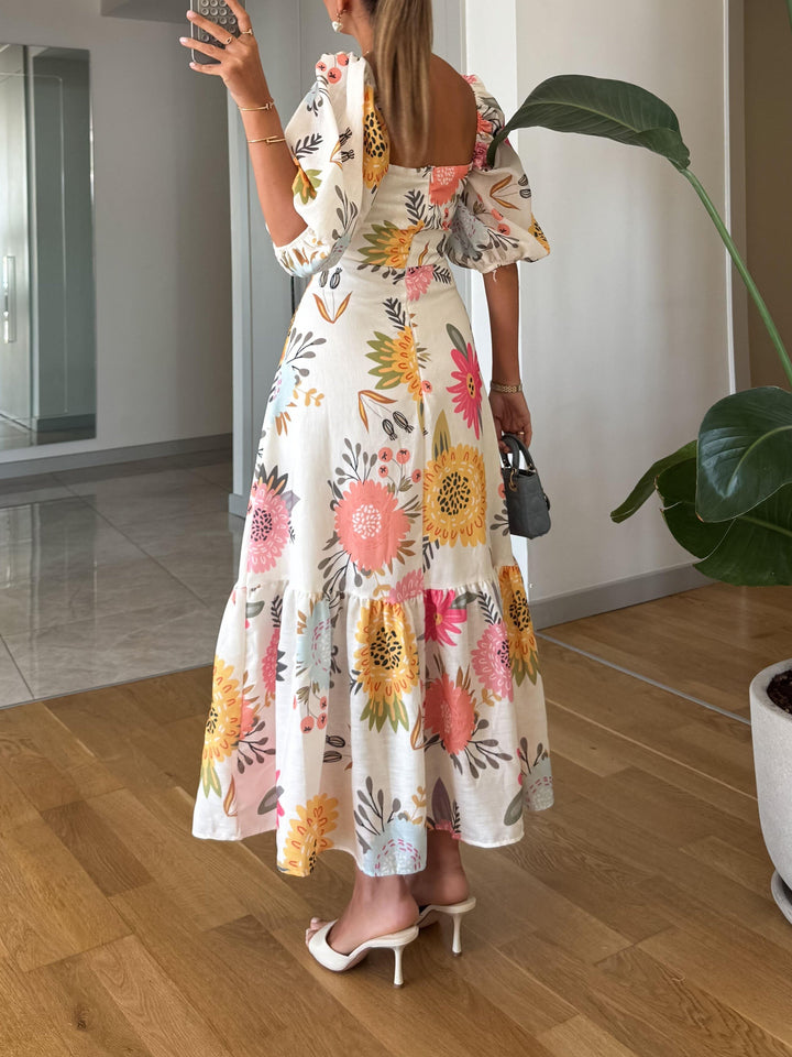Susan | Romantic Floral Midi With Puff Sleeves