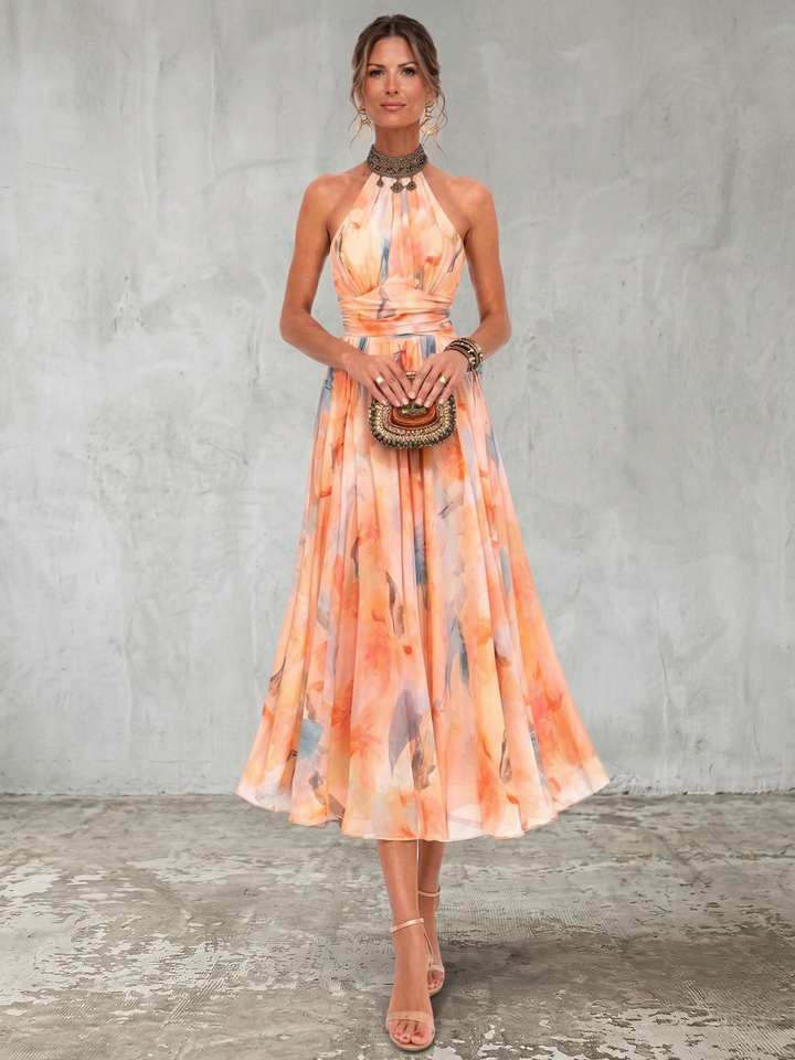 Aurora™ Watercolor Print Halter Neck Dress