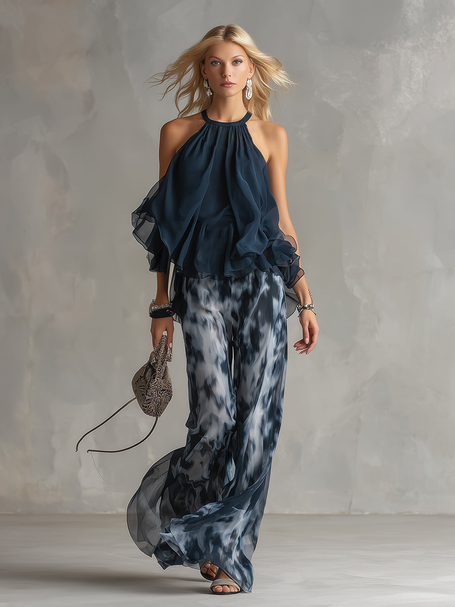 ESSENTIAL - Ludovica: Chic Chiffon Ensemble with High-Neck Top and Flowing Printed Trousers