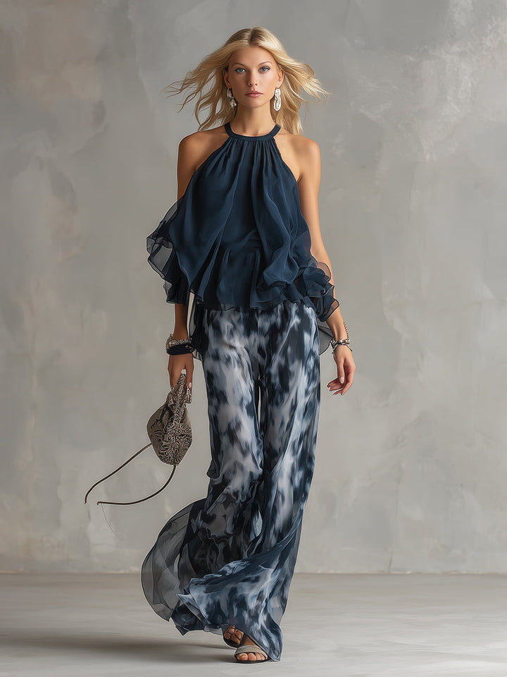 ESSENTIAL - Ludovica: Chic Chiffon Ensemble with High-Neck Top and Flowing Printed Trousers