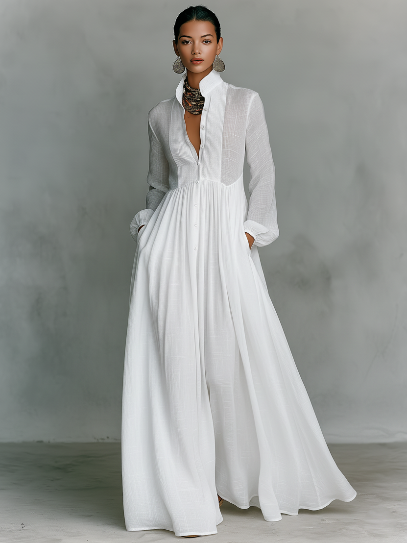 ESSENTIAL - Cotton & Linen Maxi Minimalist Dress with Patchwork, High Collar, and Long Sleeves