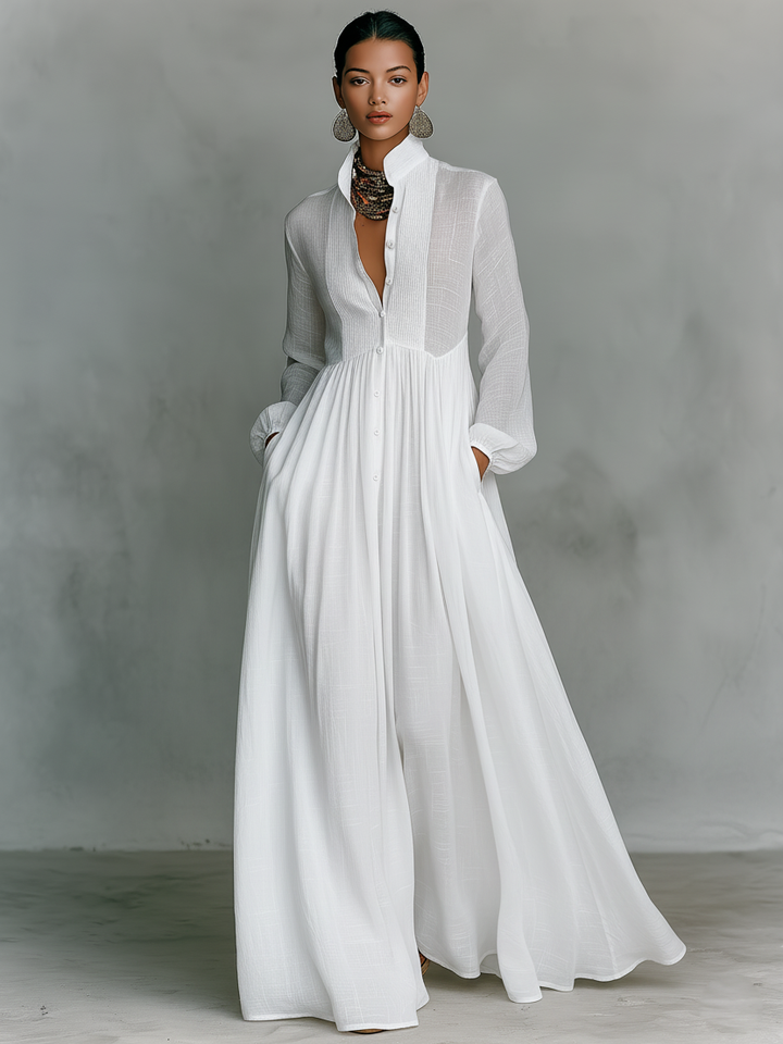 ESSENTIAL - Cotton & Linen Maxi Minimalist Dress with Patchwork, High Collar, and Long Sleeves