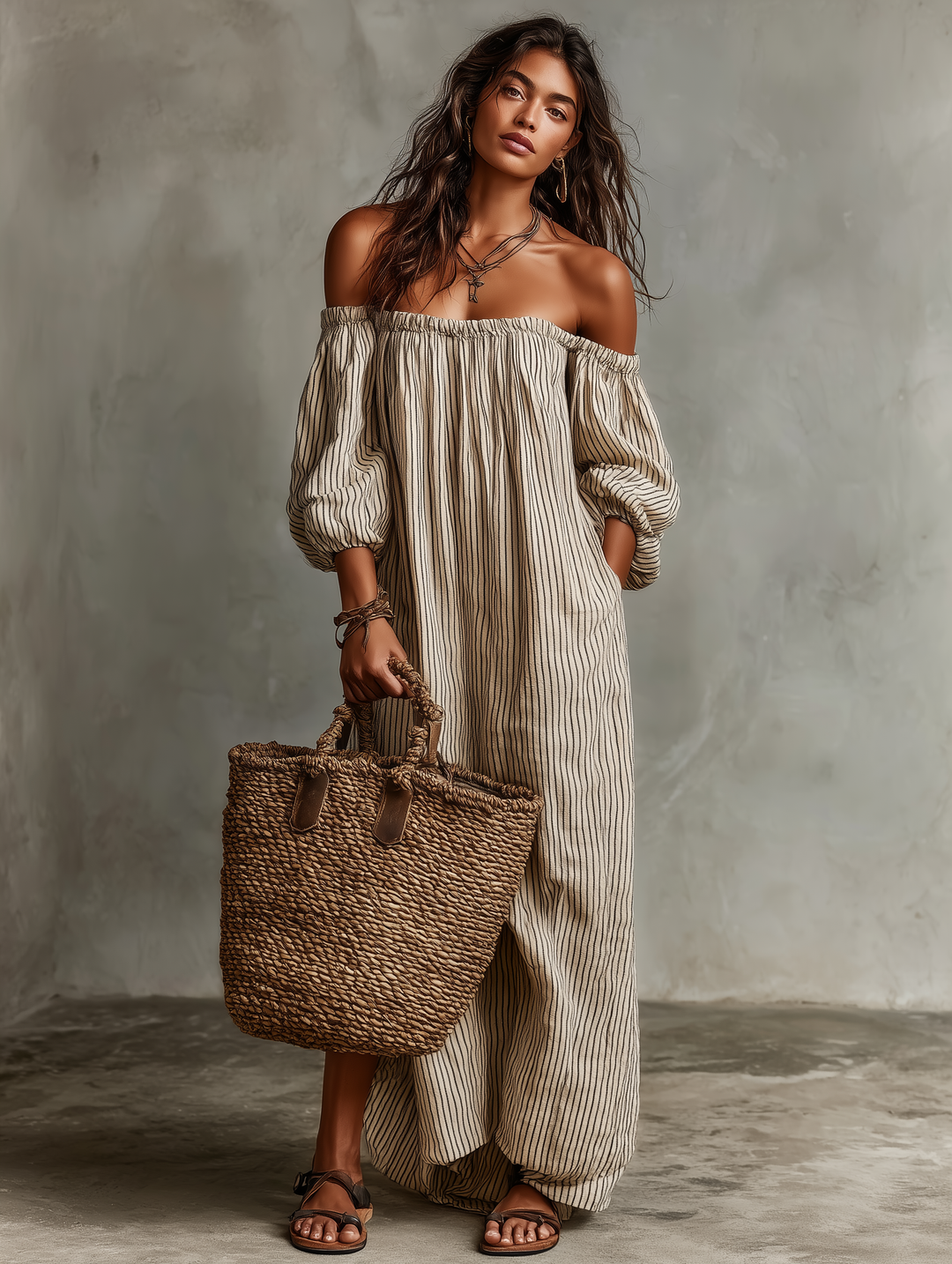 Carmen | Off-the-Shoulder Long Dress in Cotton and Linen Blend