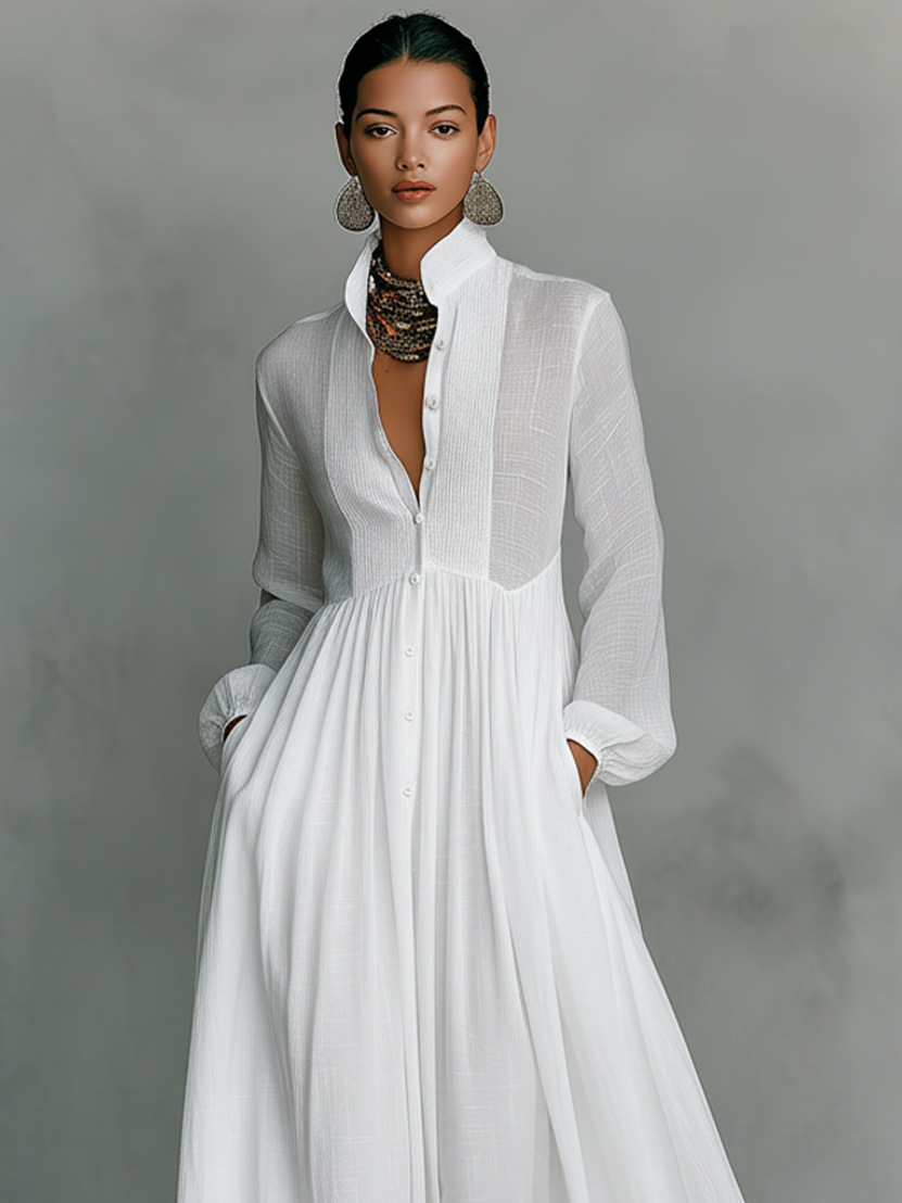 ESSENTIAL - Cotton & Linen Maxi Minimalist Dress with Patchwork, High Collar, and Long Sleeves