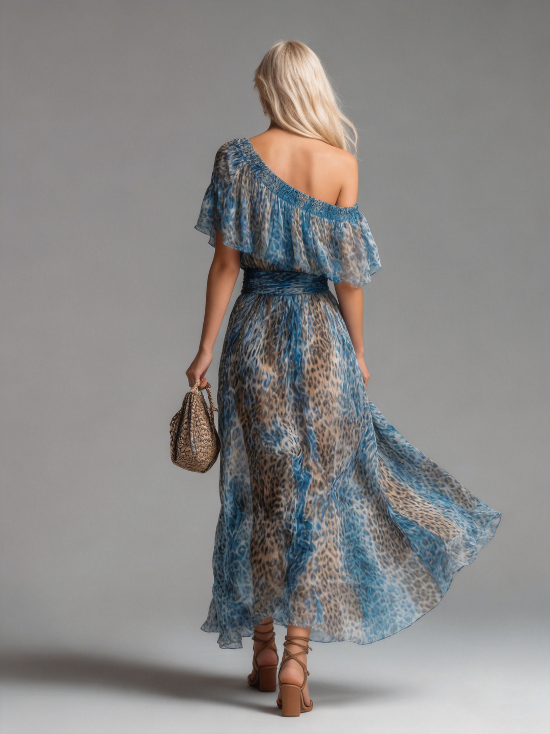 🔥 Selvaggia – Off-Shoulder Chiffon Maxi Dress with Leopard Print