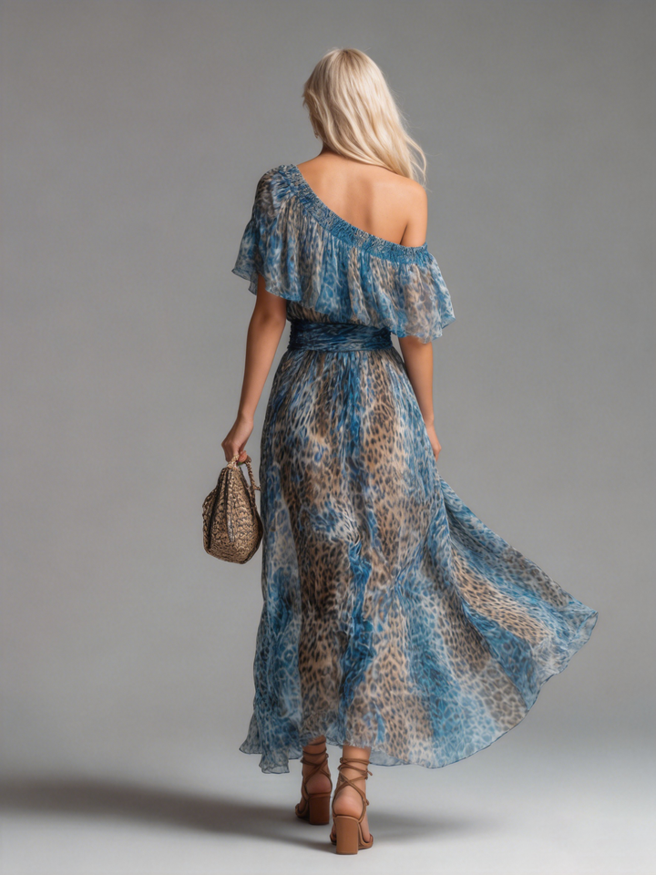 🔥 Selvaggia – Off-Shoulder Chiffon Maxi Dress with Leopard Print