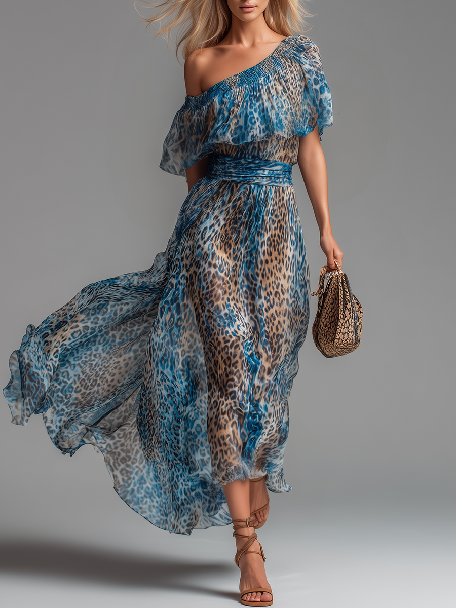 🔥 Selvaggia – Off-Shoulder Chiffon Maxi Dress with Leopard Print