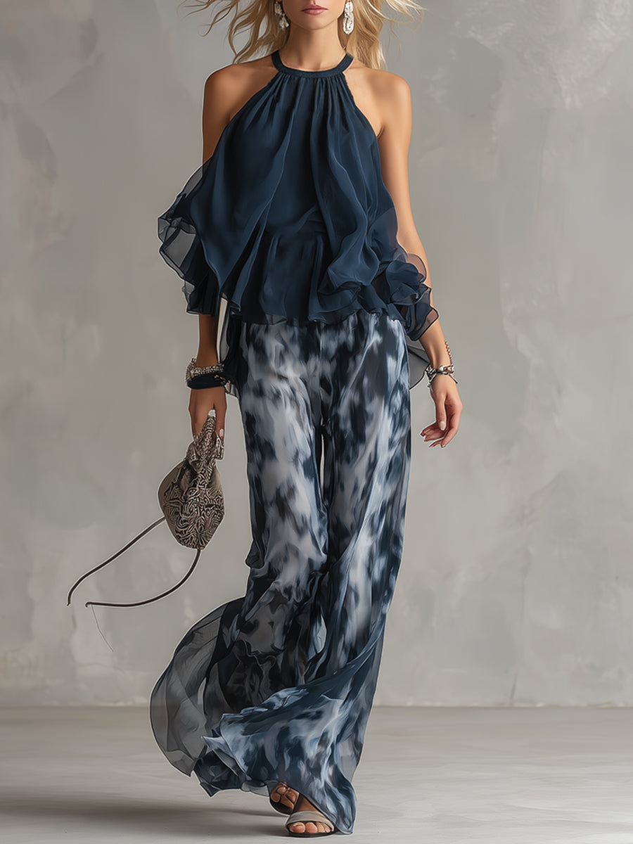 ESSENTIAL - Ludovica: Chic Chiffon Ensemble with High-Neck Top and Flowing Printed Trousers