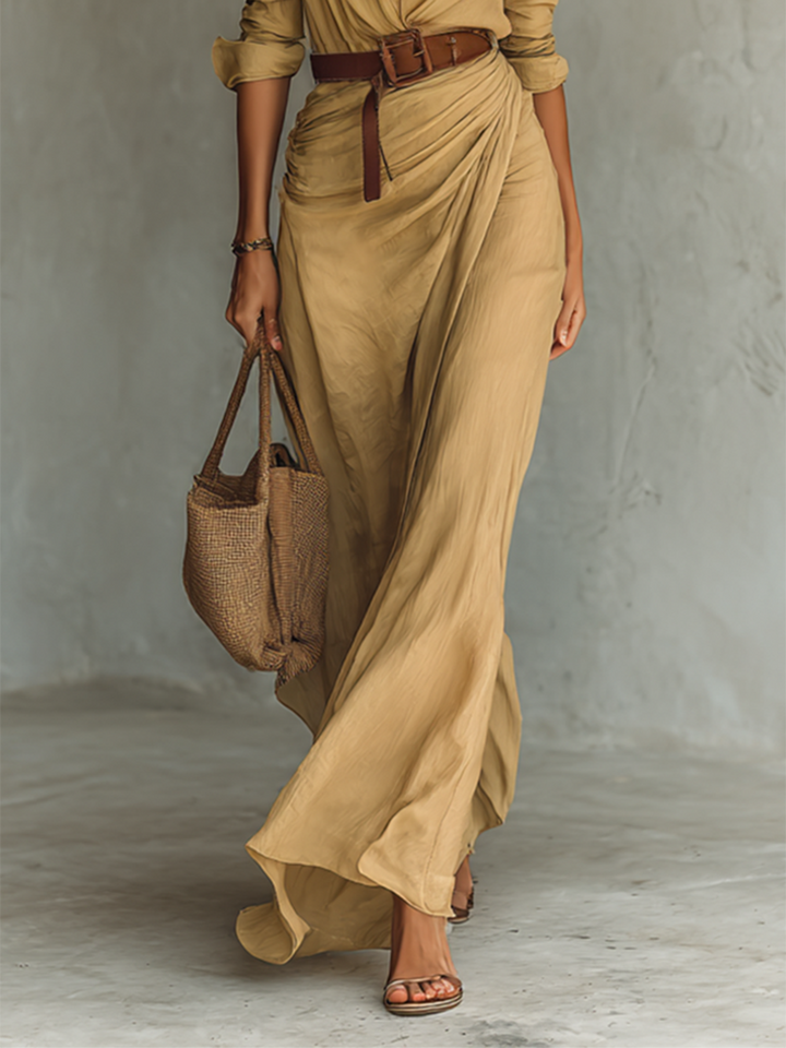 ESSENTIAL - Women's Maxi Long Dress with Lapel Collar and Long Sleeves