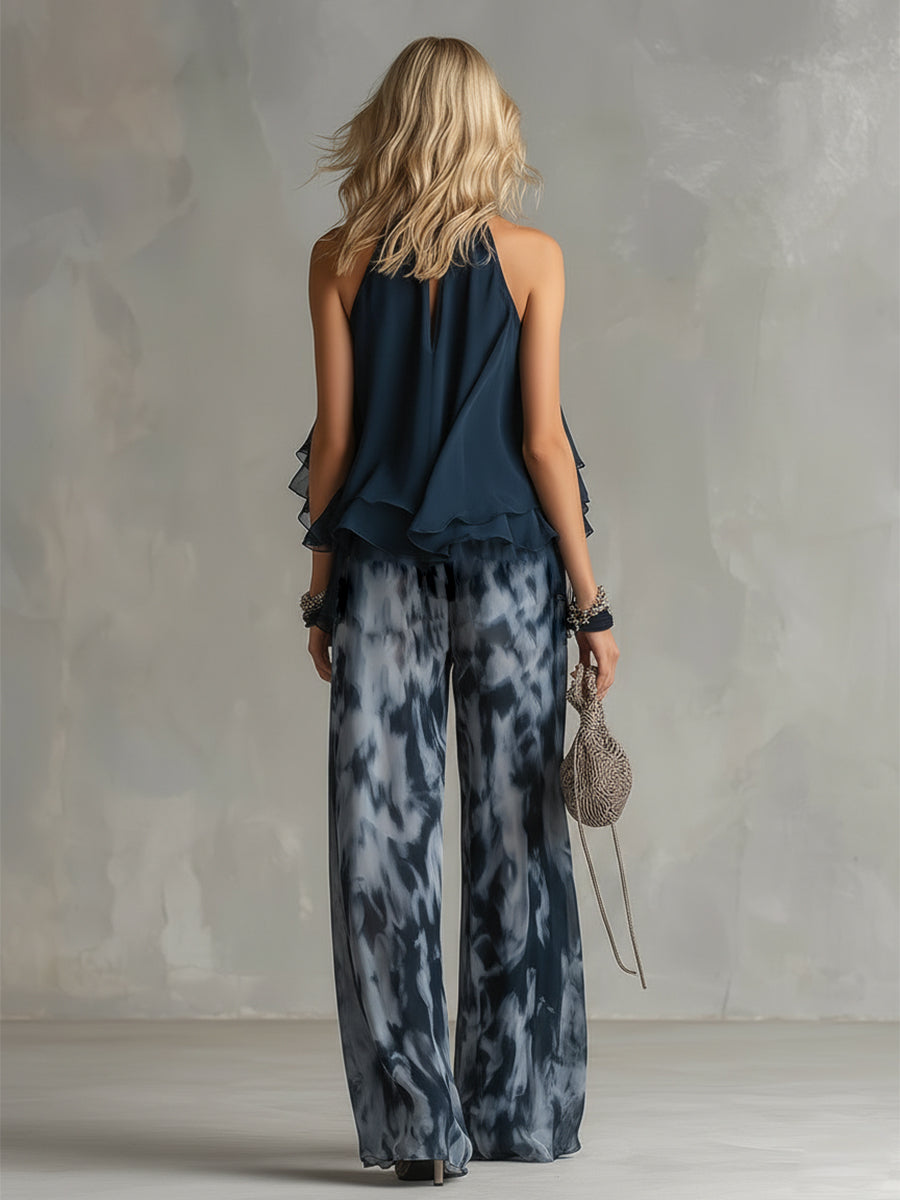 ESSENTIAL - Ludovica: Chic Chiffon Ensemble with High-Neck Top and Flowing Printed Trousers