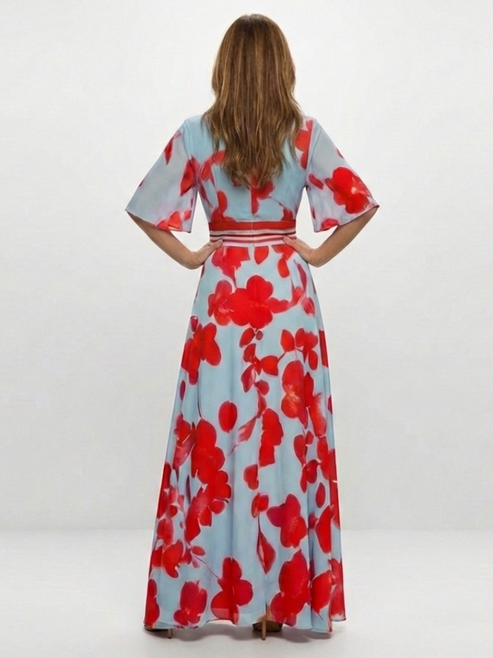 Stella & Grace™ | Floral Maxi Dress with V-Neck and Short Sleeves