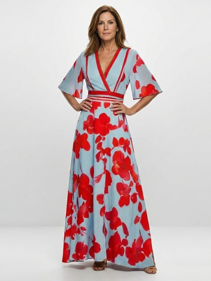 Corinne | Floral Maxi Dress with V-Neck and Short Sleeves