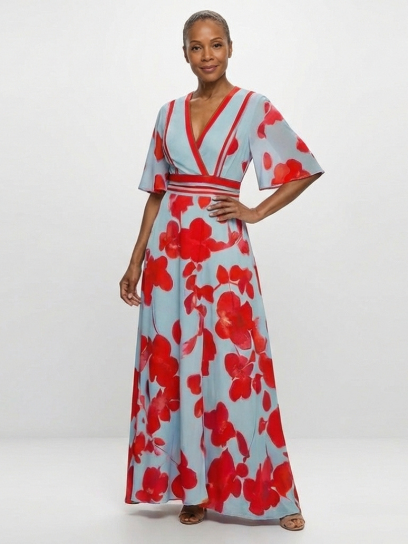 Stella & Grace™ | Floral Maxi Dress with V-Neck and Short Sleeves