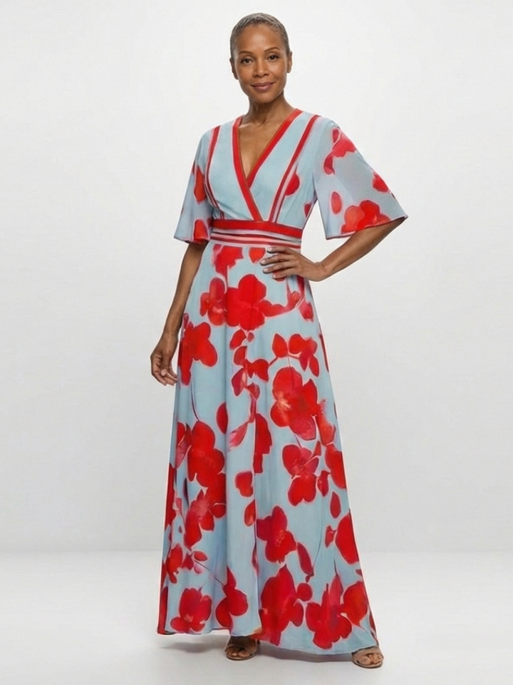 Corinne | Floral Maxi Dress with V-Neck and Short Sleeves