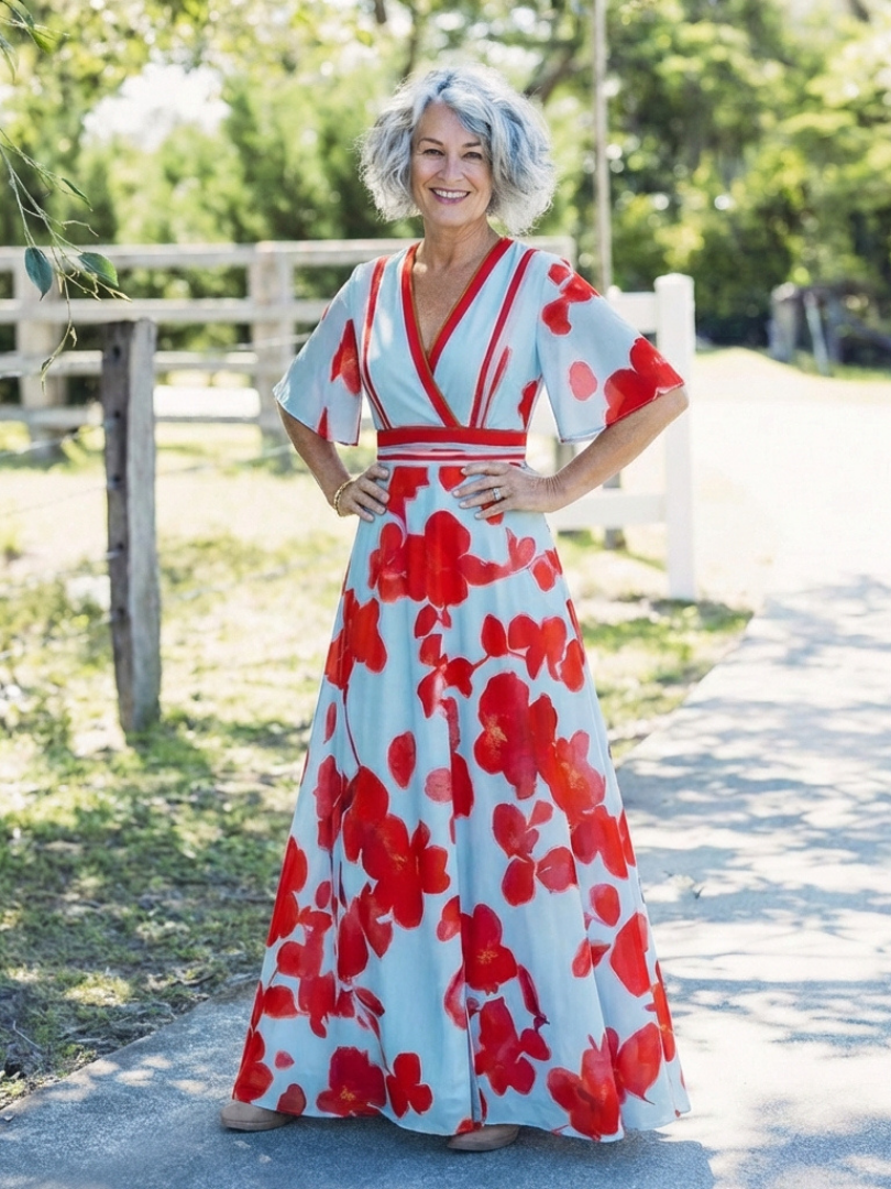 Corinne | Floral Maxi Dress with V-Neck and Short Sleeves
