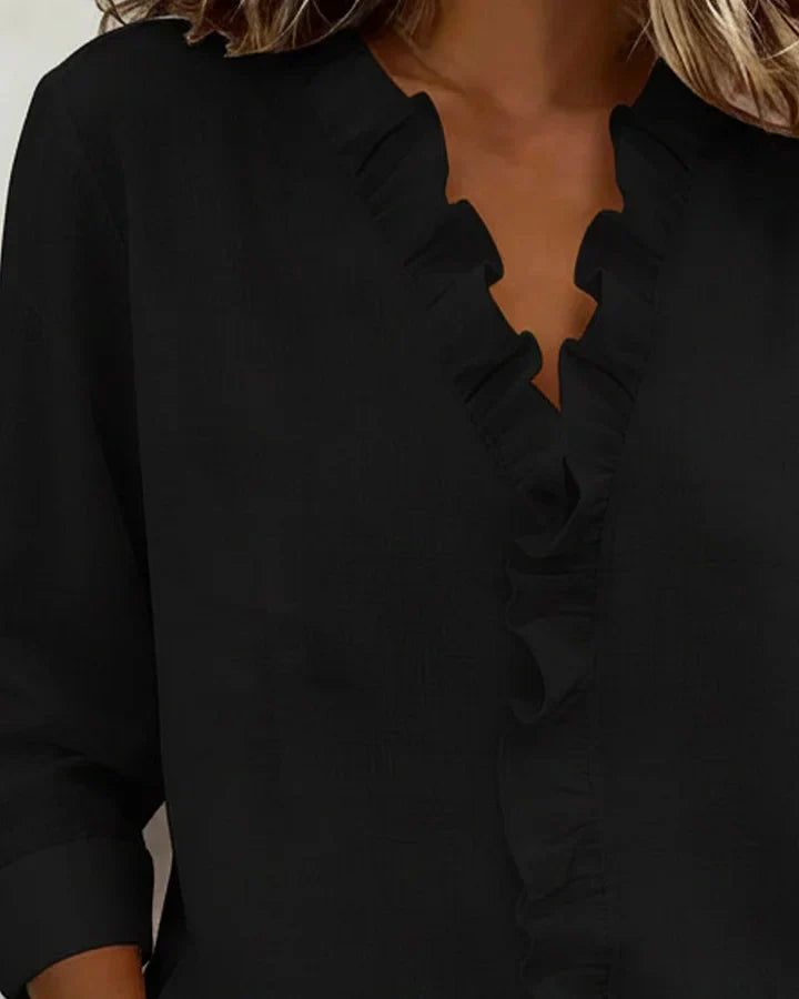 Indie Ruffled Blouse with V-Neck and Long Sleeves