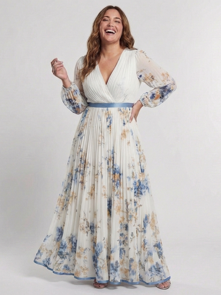 Stella & Grace™ | Floral Maxi Dress with Long Sleeves and V-Neck
