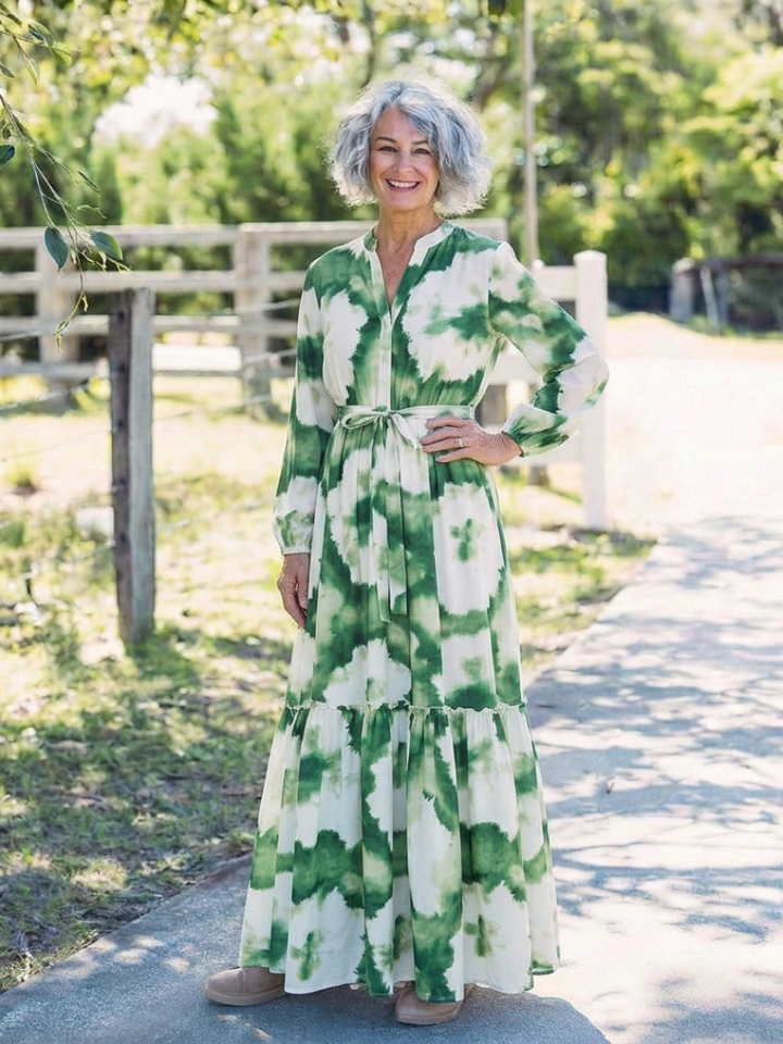 Sabine | Tiered Maxi Dress with Long Sleeves and Tie Waist