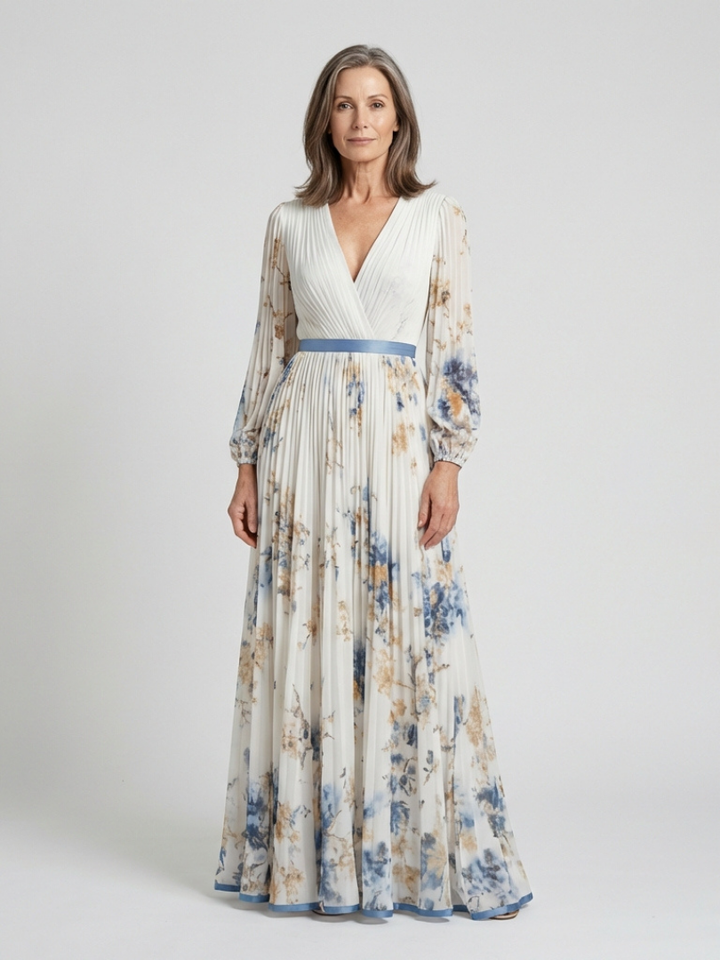 Stella & Grace™ | Floral Maxi Dress with Long Sleeves and V-Neck