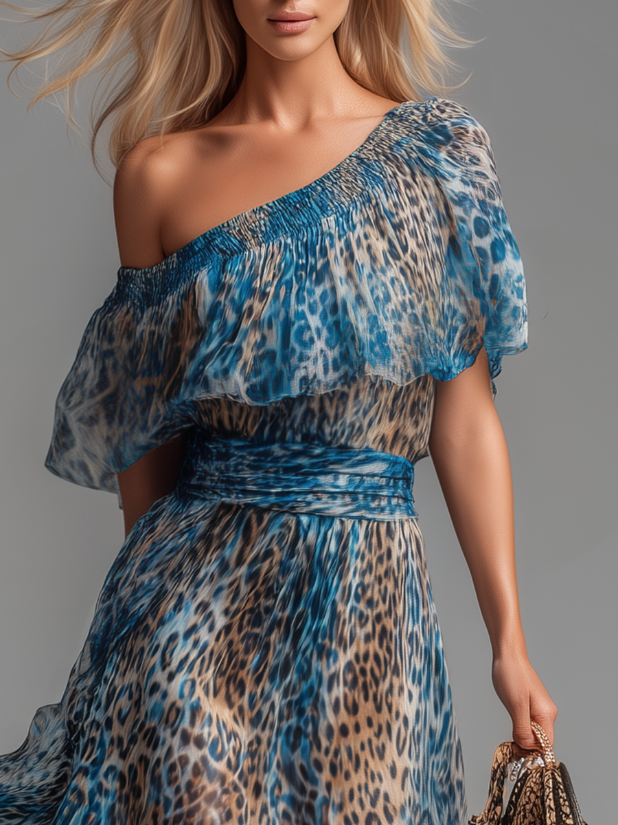 🔥 Selvaggia – Off-Shoulder Chiffon Maxi Dress with Leopard Print