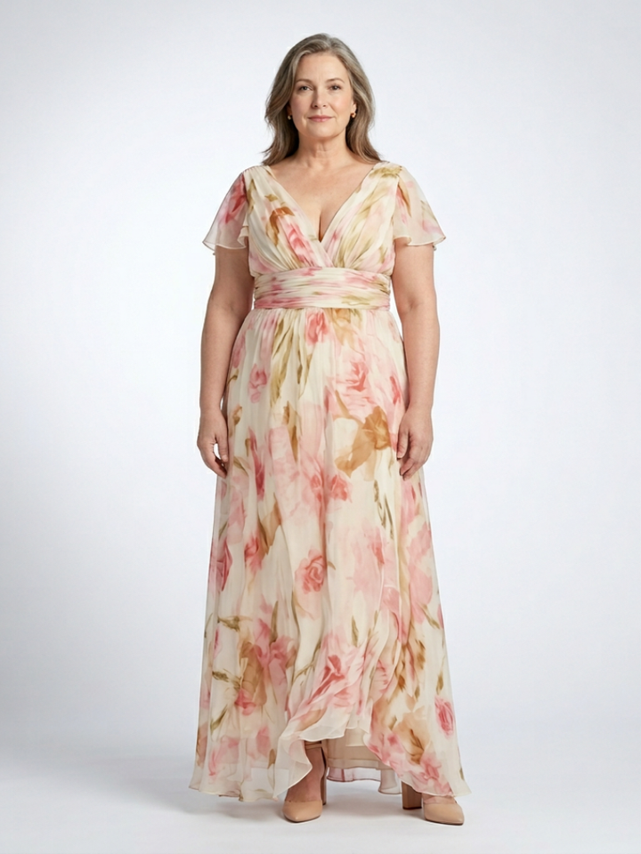 Elara | Floral Maxi Dress with V-Neck and Short Sleeves