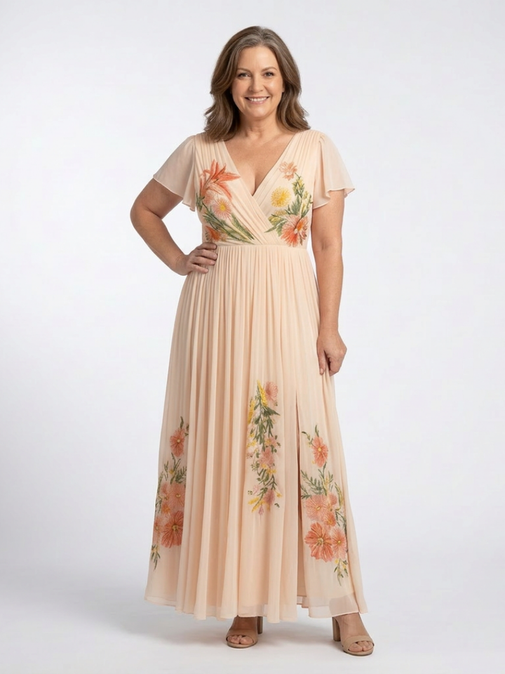 Calista | Floral Pleated Maxi Dress with V-Neck and Short Sleeves