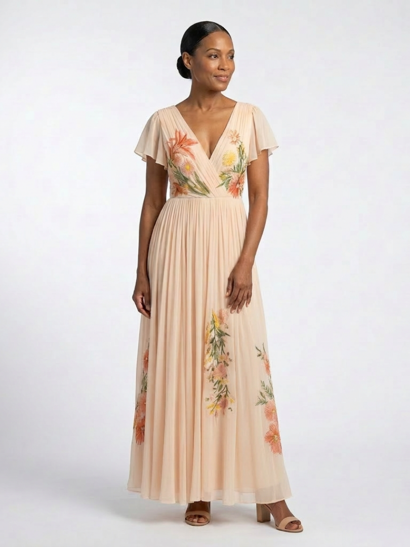 Calista | Floral Pleated Maxi Dress with V-Neck and Short Sleeves