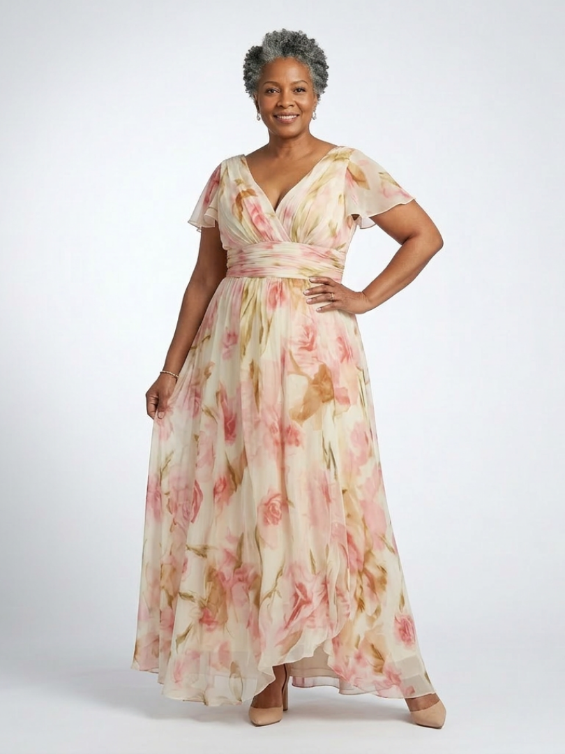 Elara | Floral Maxi Dress with V-Neck and Short Sleeves