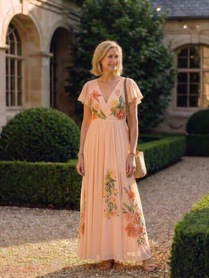 Calista | Floral Pleated Maxi Dress with V-Neck and Short Sleeves