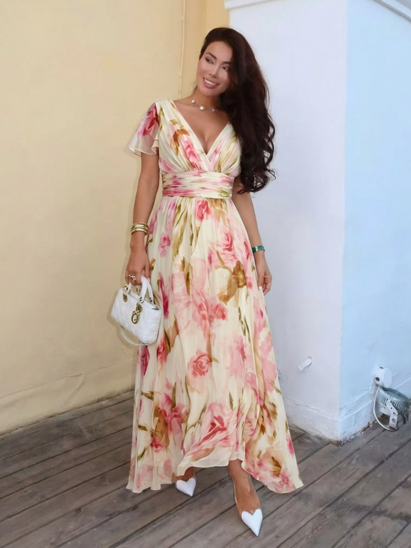 Elara | Floral Maxi Dress with V-Neck and Short Sleeves