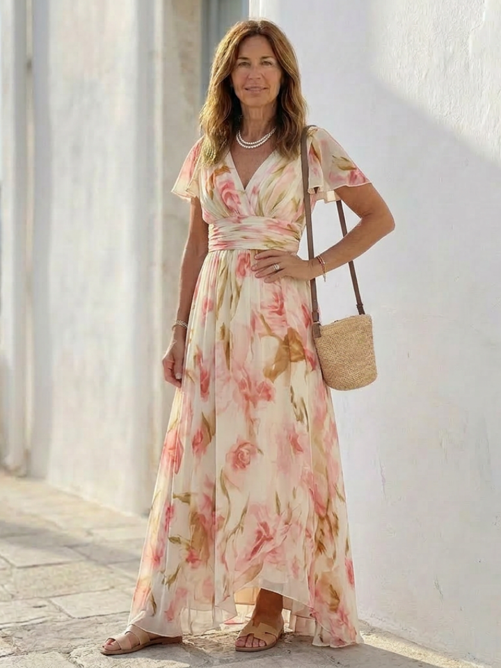 Elara | Floral Maxi Dress with V-Neck and Short Sleeves