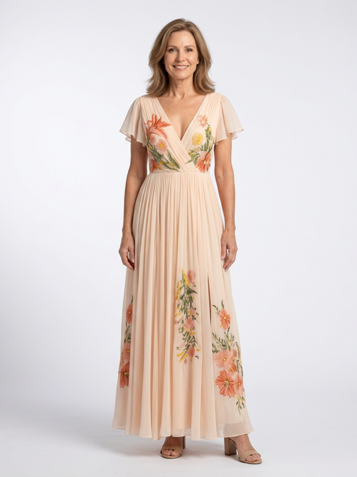 Calista | Floral Pleated Maxi Dress with V-Neck and Short Sleeves
