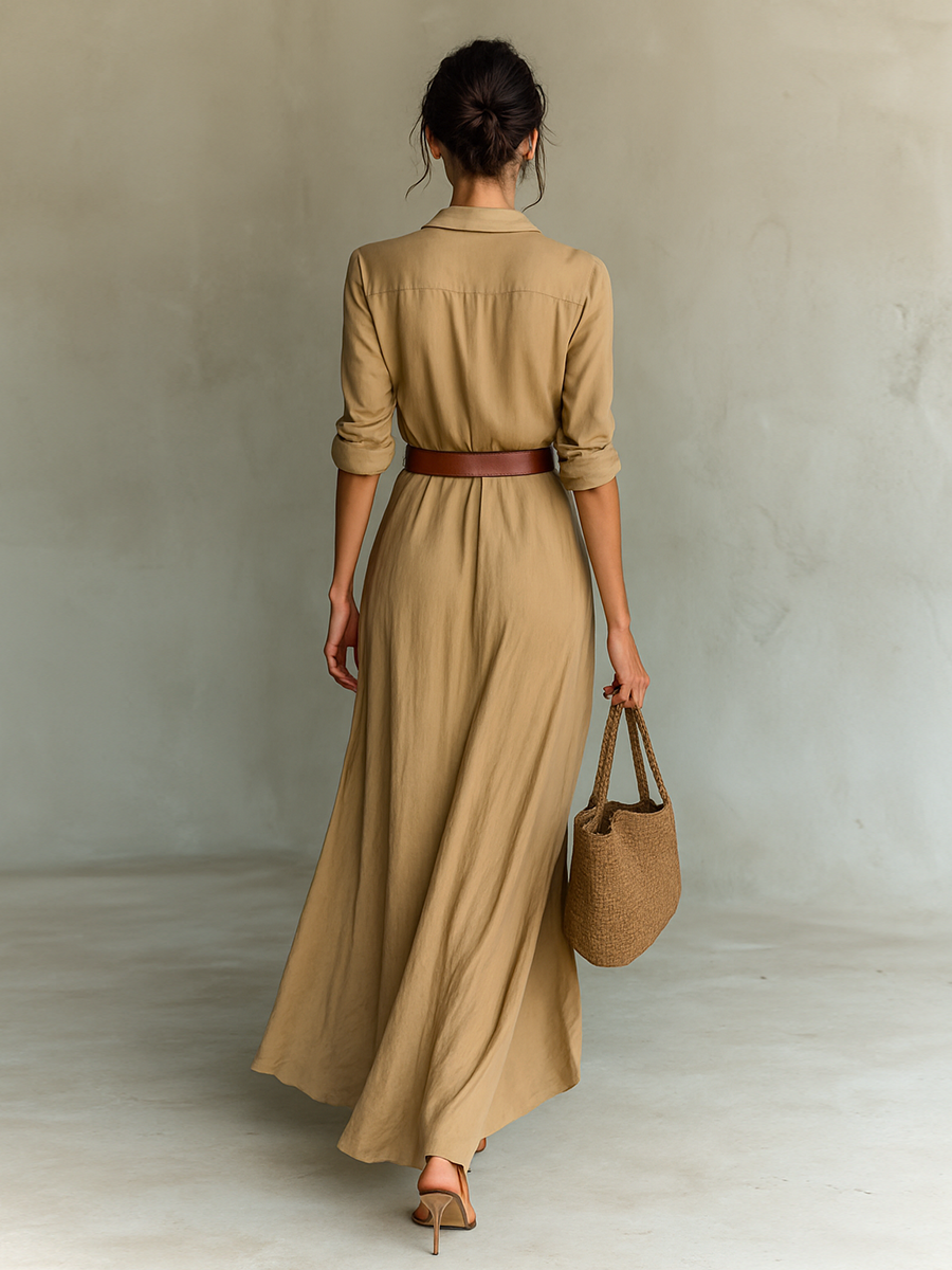 ESSENTIAL - Women's Maxi Long Dress with Lapel Collar and Long Sleeves