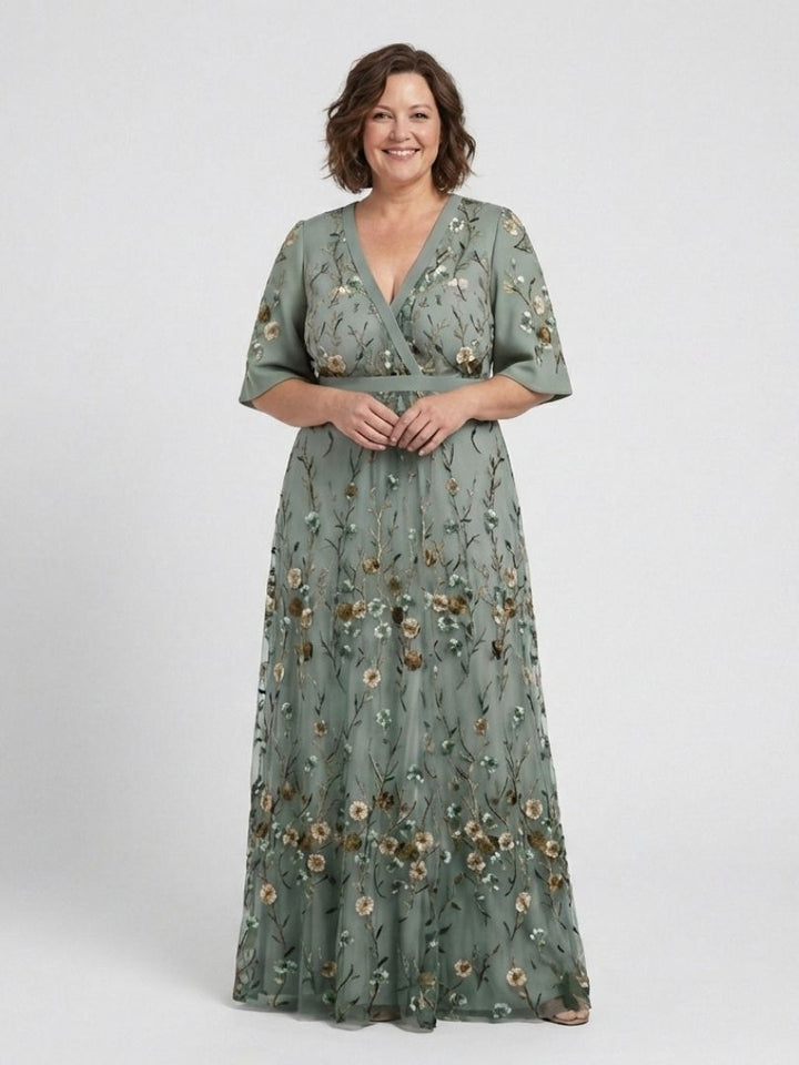 Stella & Grace™ | Floral V-Neck Maxi Dress with Short Sleeves