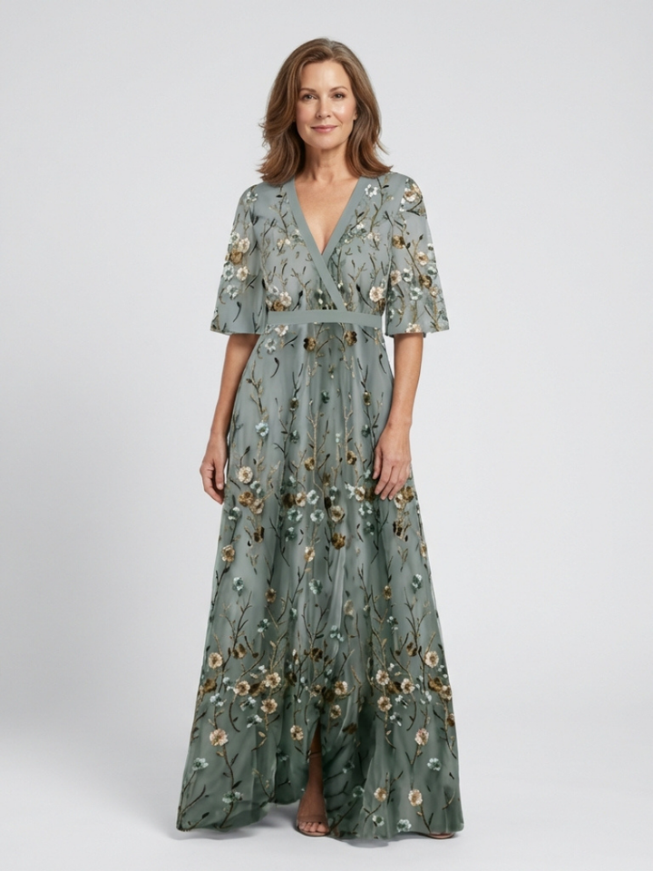 Stella & Grace™ | Floral V-Neck Maxi Dress with Short Sleeves