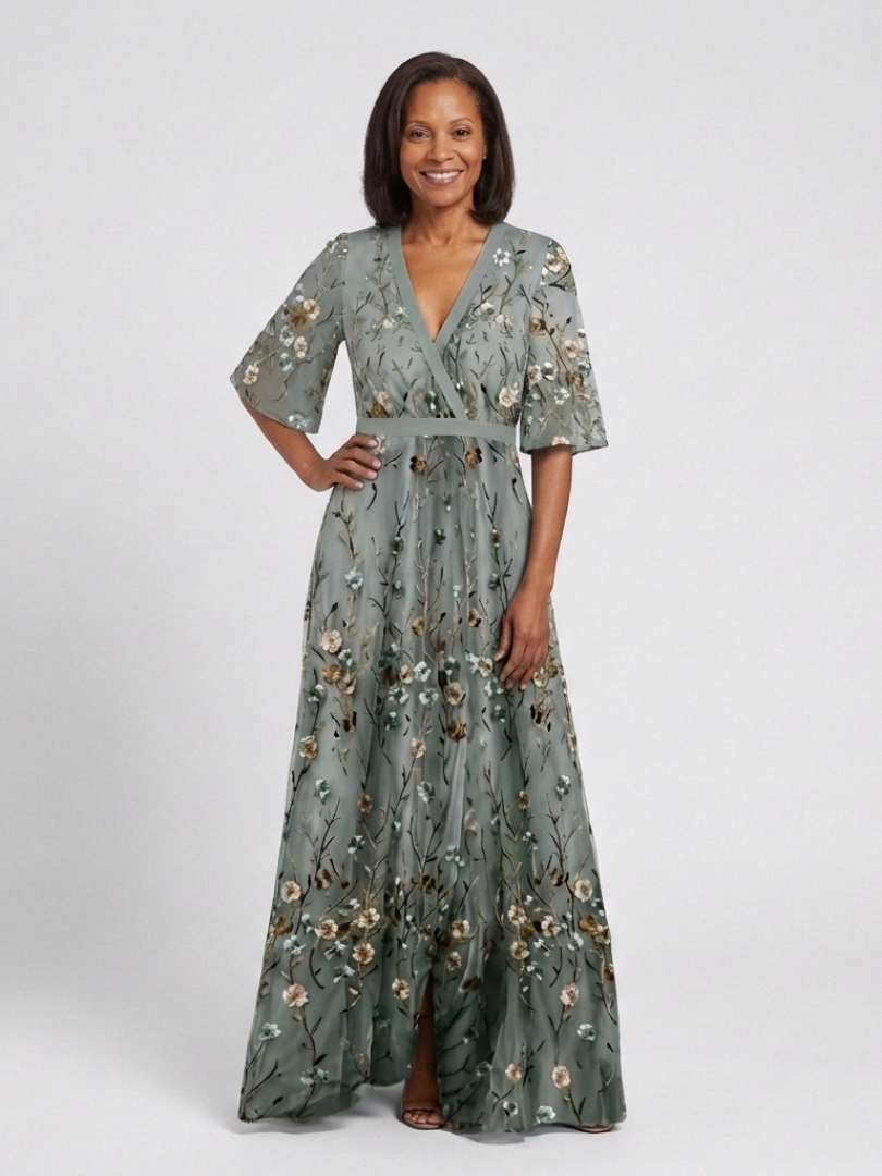 Stella & Grace™ | Floral V-Neck Maxi Dress with Short Sleeves