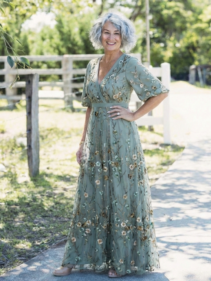 Stella & Grace™ | Floral V-Neck Maxi Dress with Short Sleeves