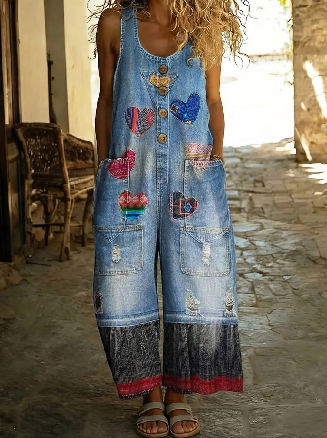Chloé™ - Denim Overalls with Heart Patchwork and Contrast Trim