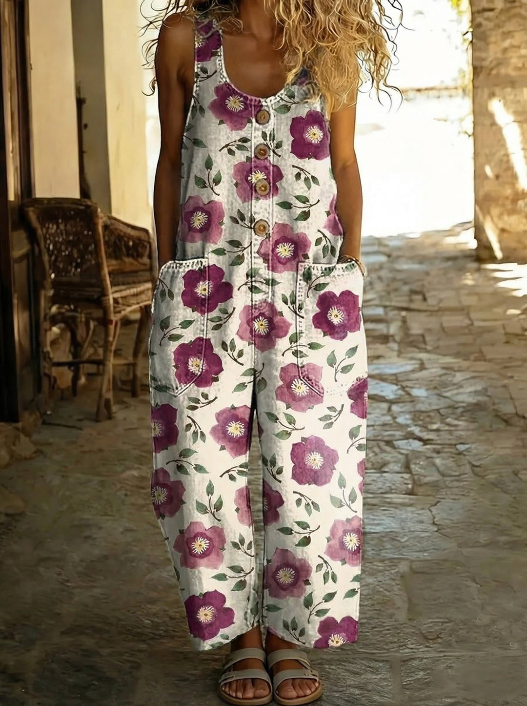 Inès™ - Floral Print Denim Overall with Buttons and Loose Fit