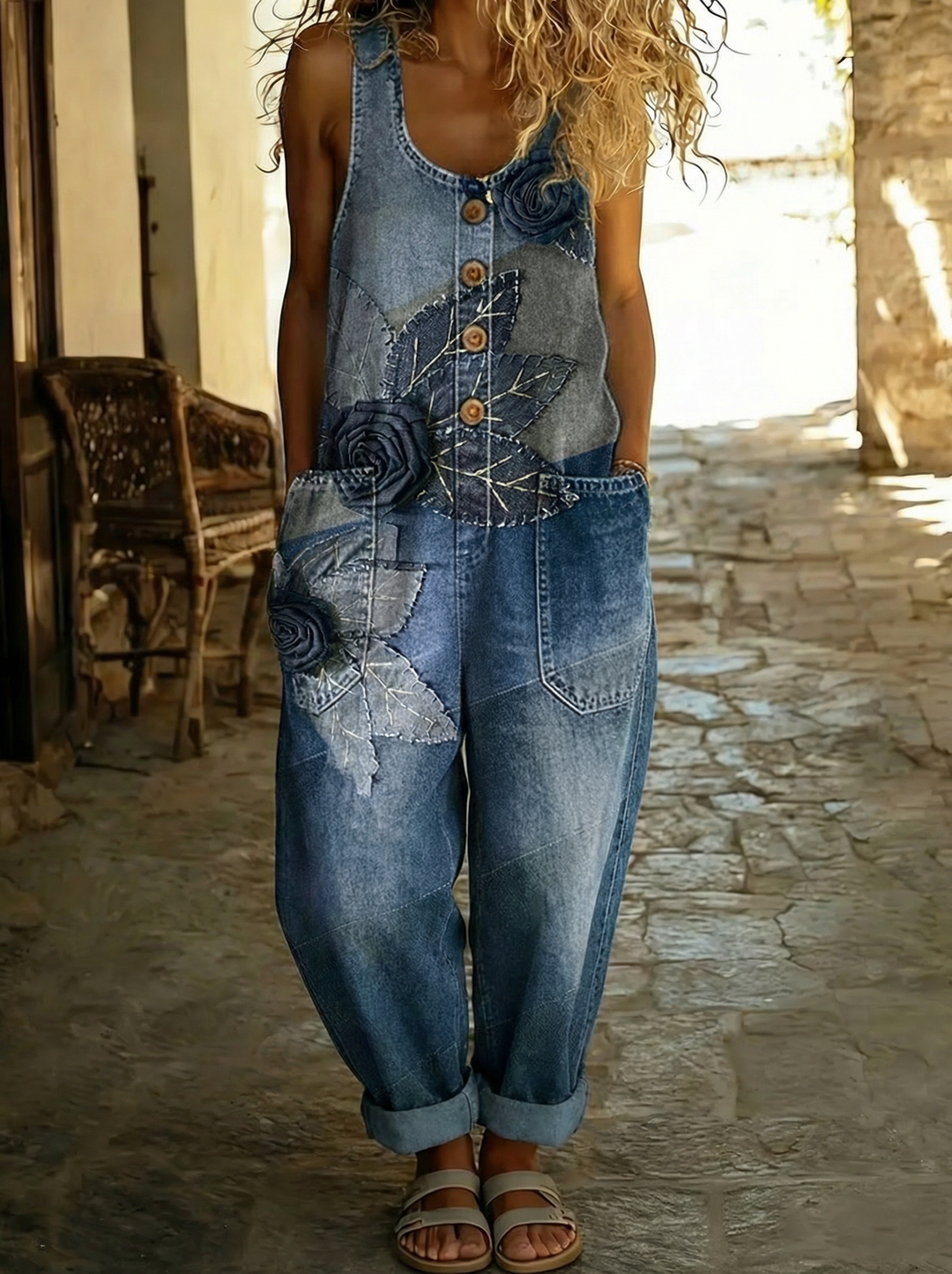 Juliette™ - Denim Overalls with Rose and Leaf Appliqué