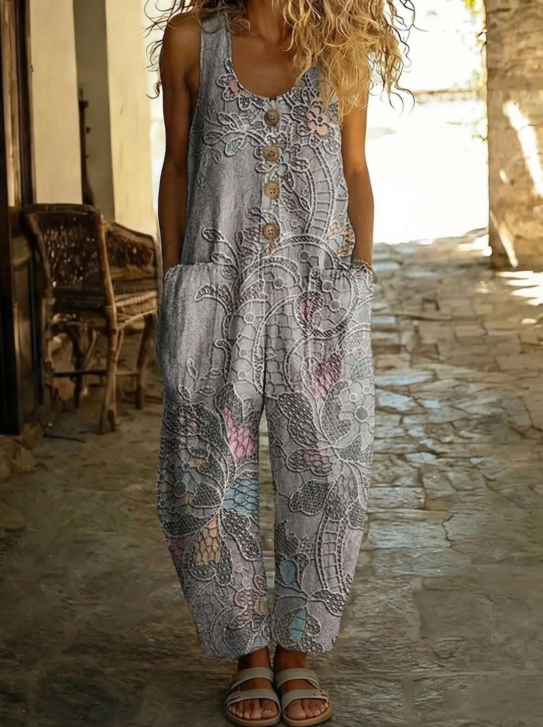 Louise™ - Floral Lace Print Denim Overall with Buttons