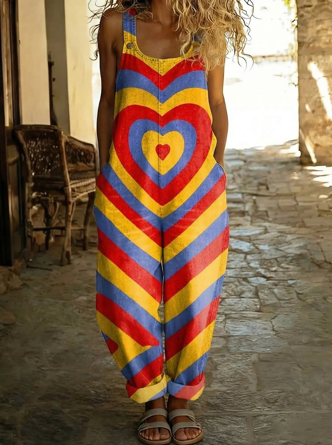 Amandine™ - Multi-colored Heart Print Denim Overall with Loose Fit