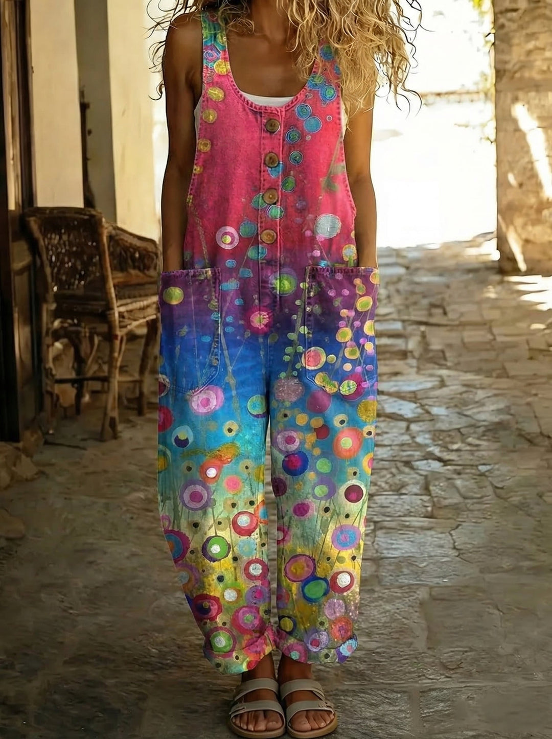 Éloïse™ - Denim Jumpsuit with Artistic Bubble Print and Loose Fit
