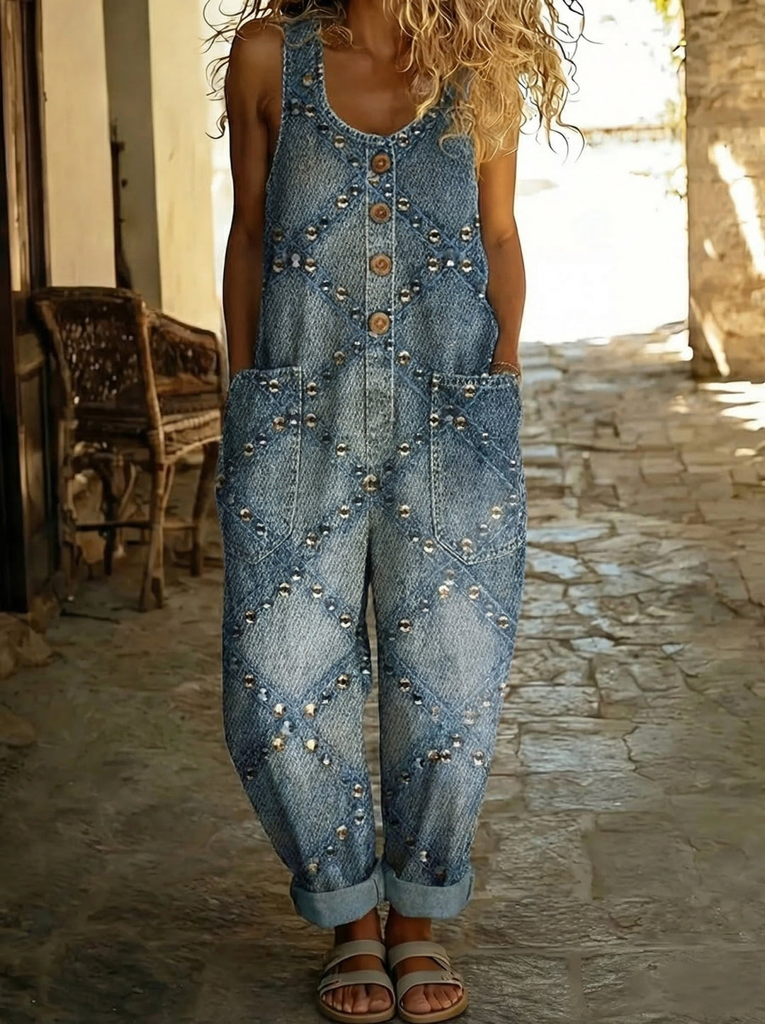Margaux™ - Quilted Denim Overalls with Metal Studs and Balloon Fit