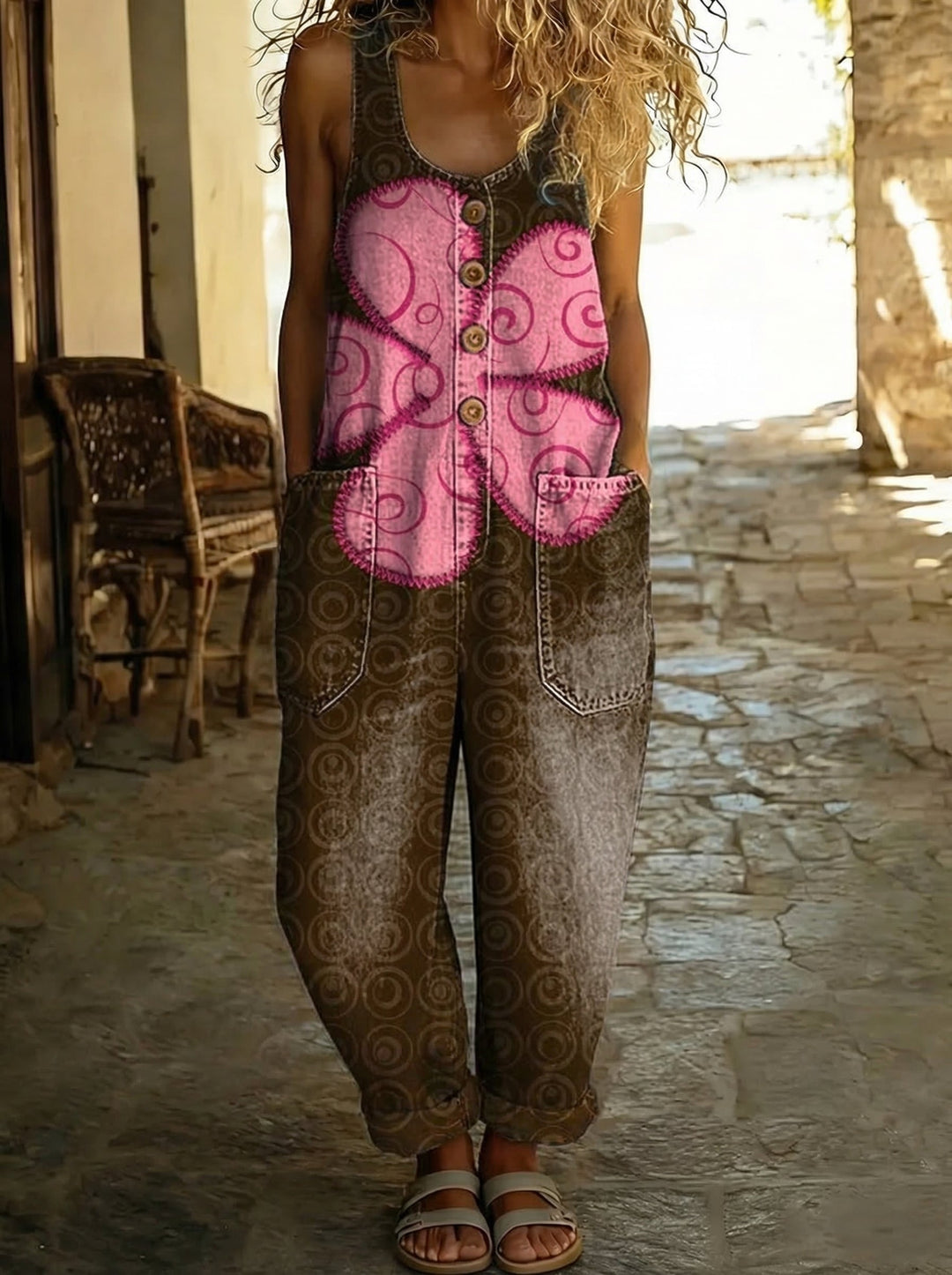 Colette™ - Denim Overall with Pink Butterfly Print and Spiral Patterns