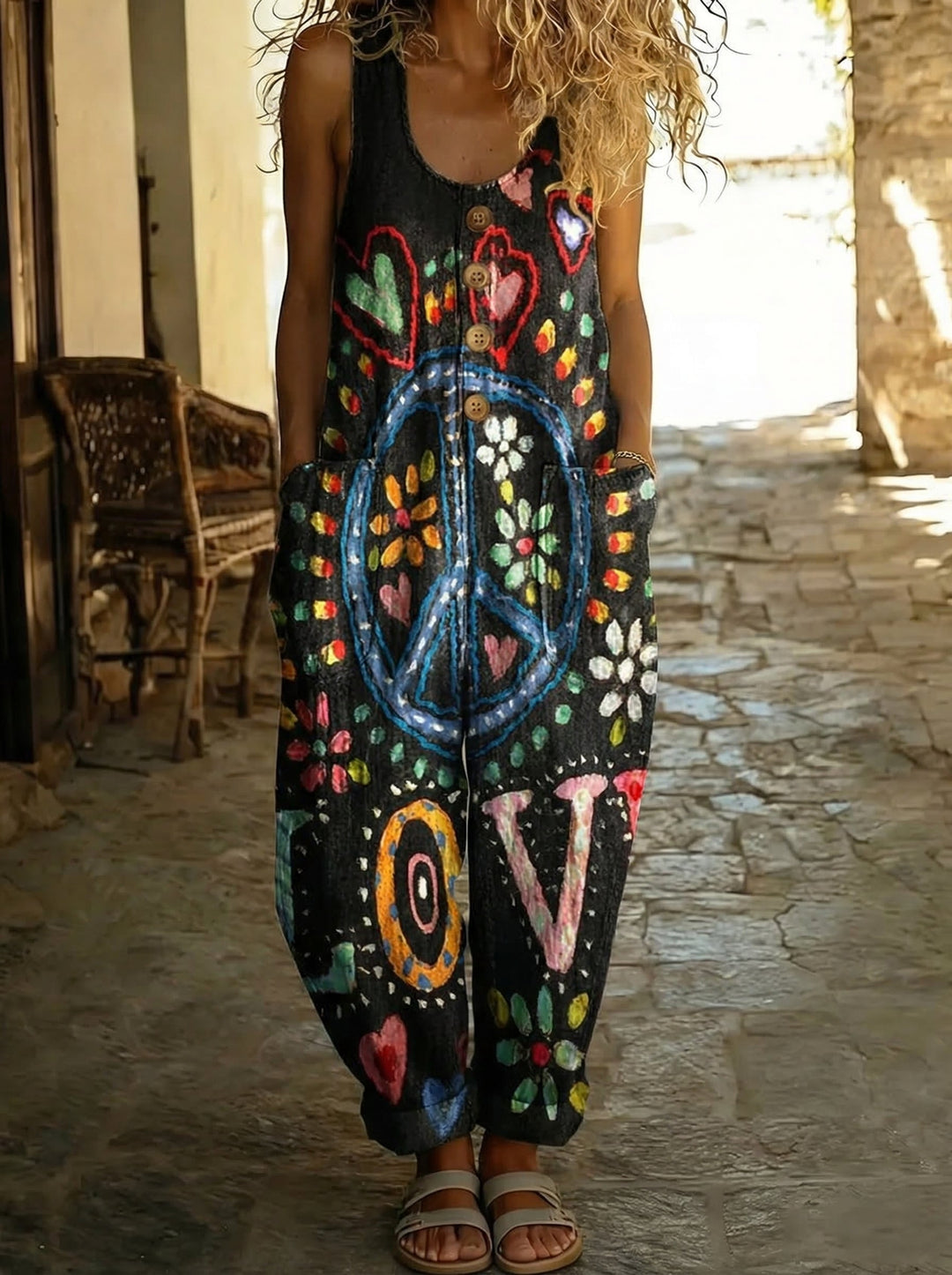 Solène™ - Peace & Love Printed Denim Jumpsuit with Balloon Cut